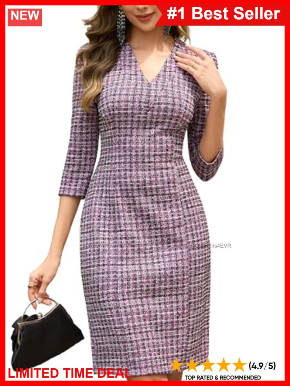 Tweed Pencil Dress 3/4 Sleeve V-Neck Knee-Length Bodycon Office Wear